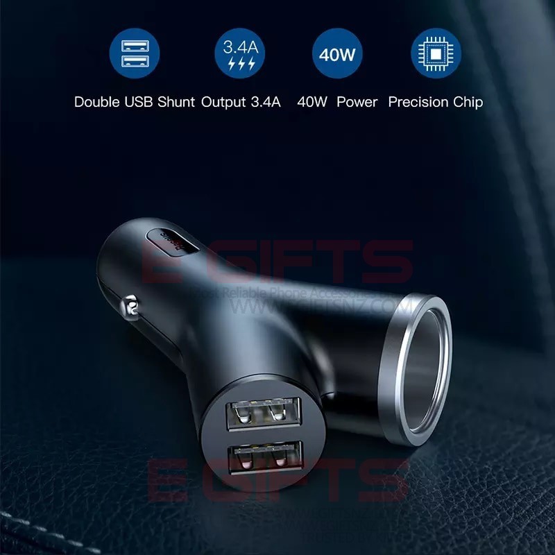 Baseus Y Type Dual USB Cigarette Lighter Extended Car Charger - Image 6