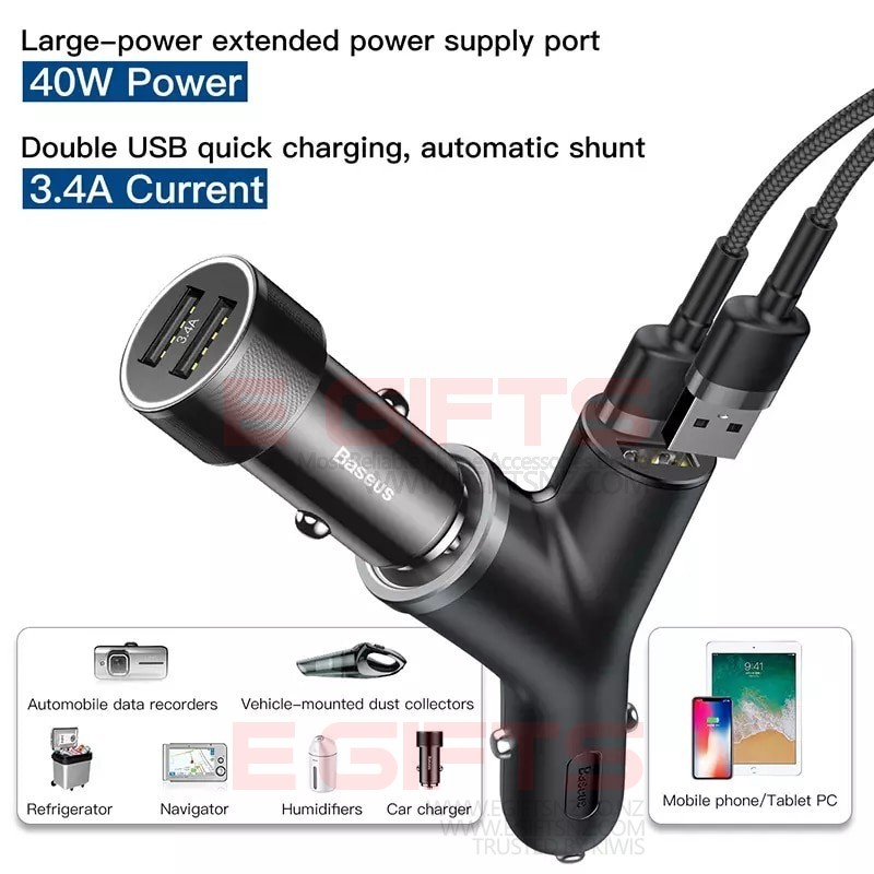 Baseus Y Type Dual USB Cigarette Lighter Extended Car Charger - Image 5