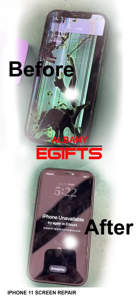 Cracked phone screen before and after repair